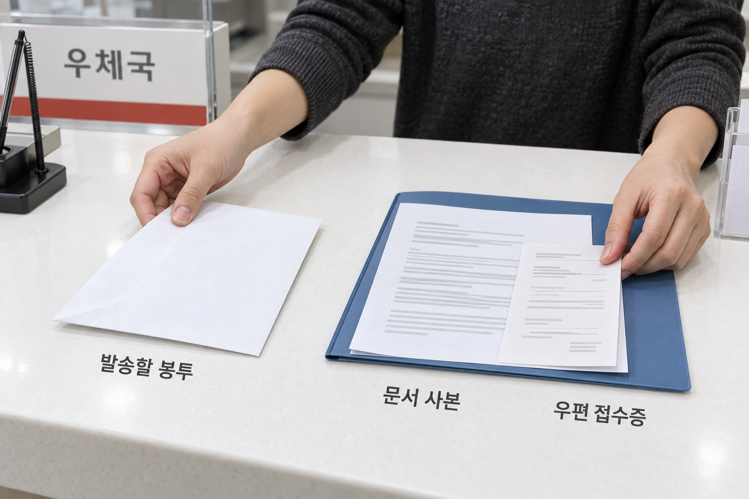 철회 문서 사본과 우편 발송 증빙을 나누어 보관하는 설명 장면