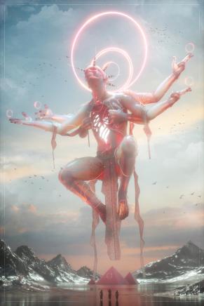 Fleshy God with an exposed ribcages levitates and raises his four arms towards the heavens. Two arms rip open his chest, and he floats above a pink pyramid and low snow-capped mountains