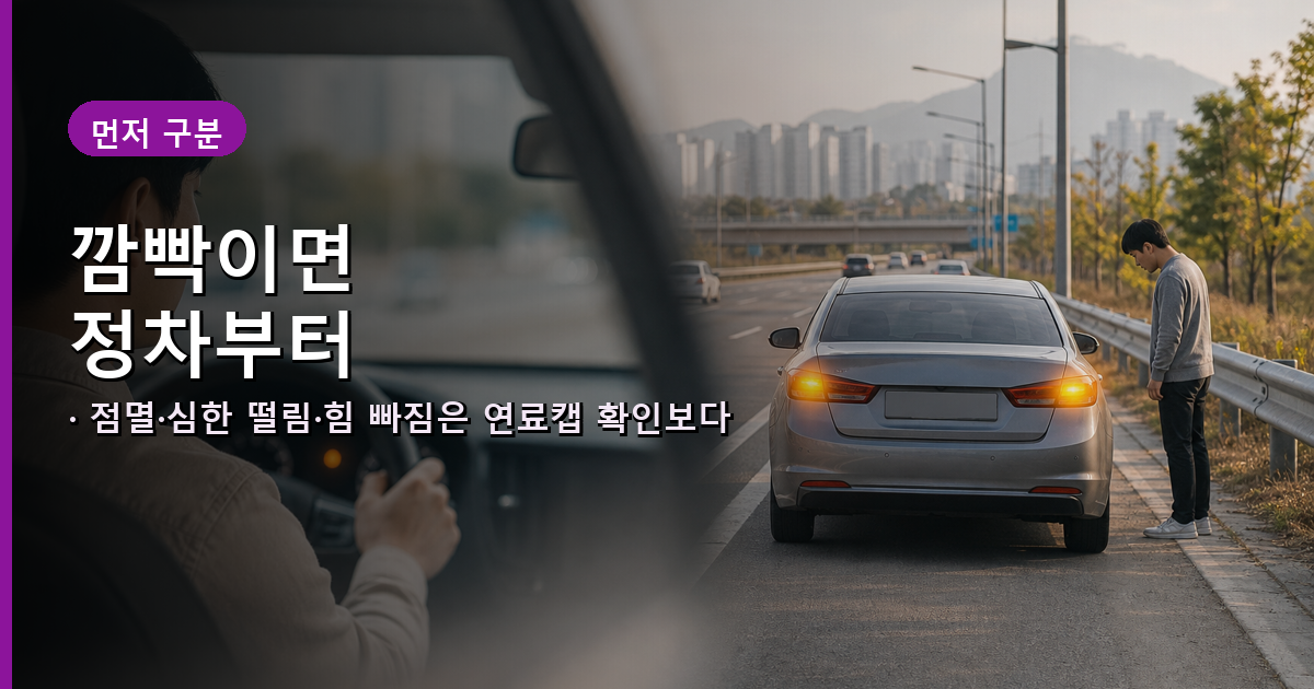 체크엔진 경고등 고정 점등과 점멸 시 행동을 나눈 비교 안내