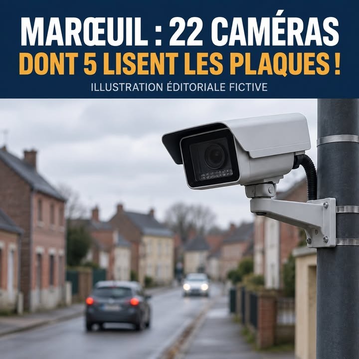 Une caméra de surveillance blanche fixée à un poteau, surplombant une rue résidentielle avec des maisons en brique et des voitures.