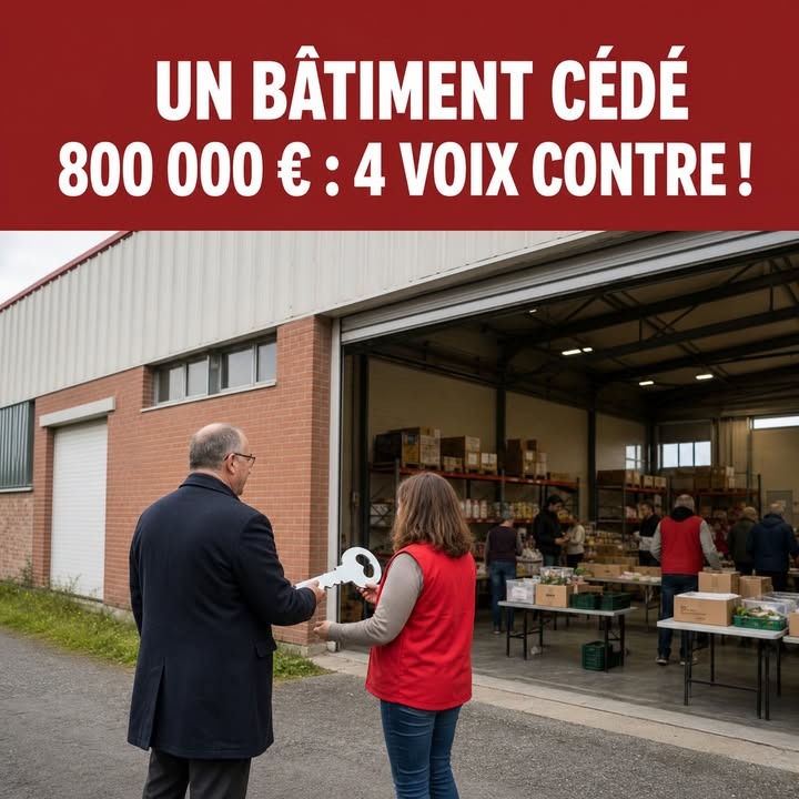 Un homme en costume et une femme en gilet rouge se tiennent devant un entrepôt ouvert, échangeant une grande clé en forme de poignée.