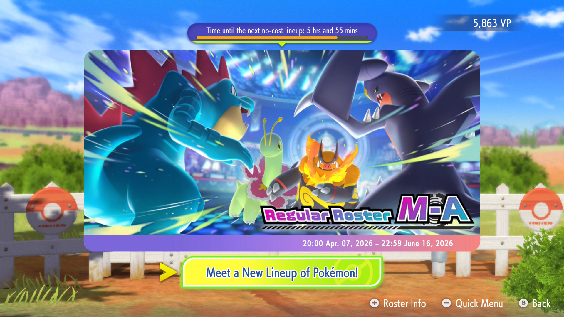 A screenshot of the first rental roster of the game, showcasing Pokémon from Regulation M-A.  A button is highlighted labeled 'Meet a New Lineup of Pokémon!'
