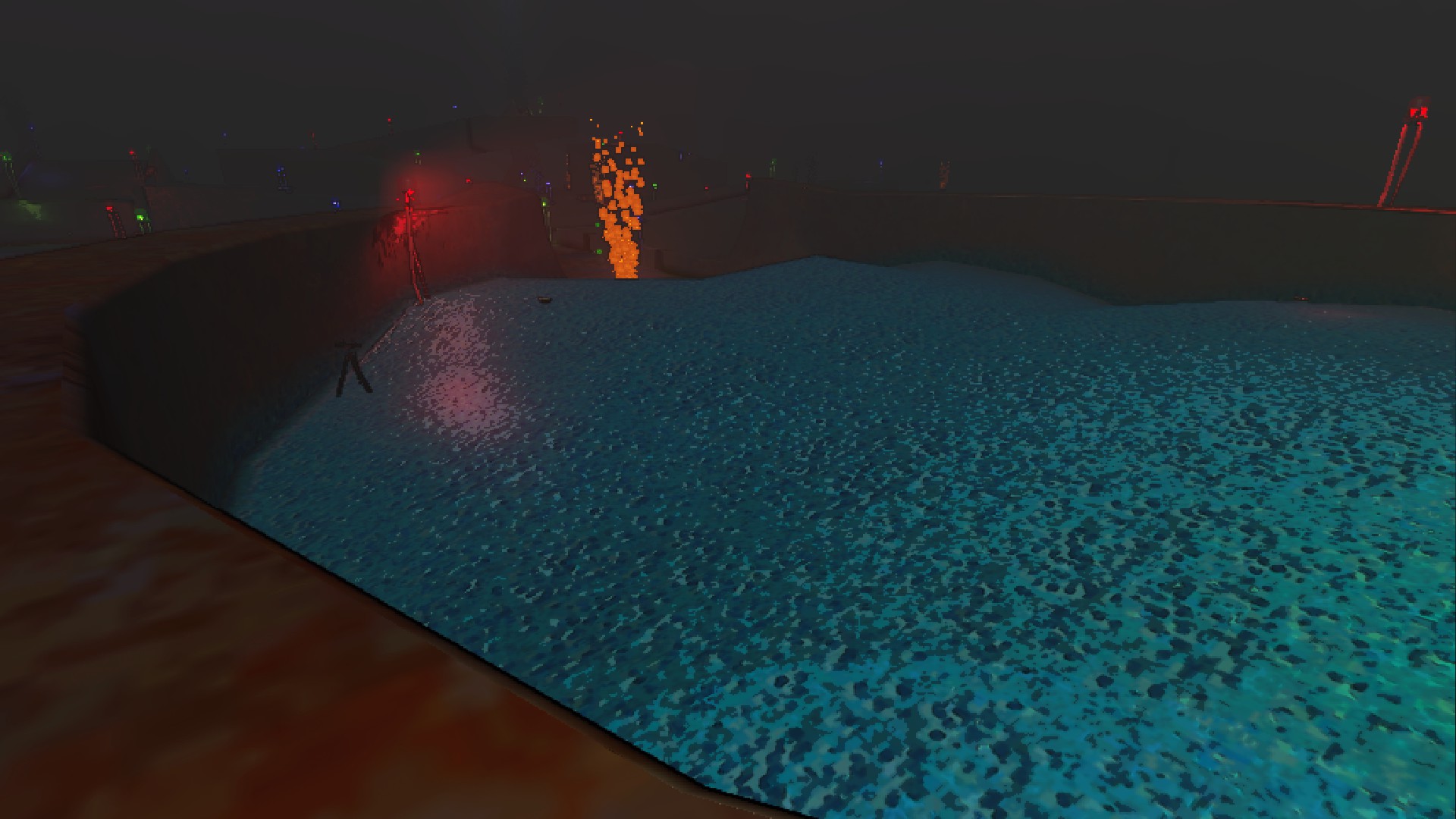 A dead end blue-floored room, with a turret and fire geyser visible.