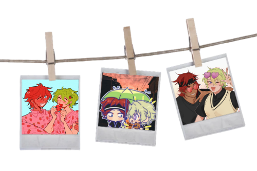 an edit of three images of rinne amagi and hiyori tomoe, all put into little polaroids on a string . the first one is rinne holding hiyori as they both wear strawberry outfits . the second is rinne holding a green umbrella over hiyori, who holds bloody mary ( a yorkshire terrier ) in his hands . the third is rinne and hiyori posed together, wearing heart shaped glasses