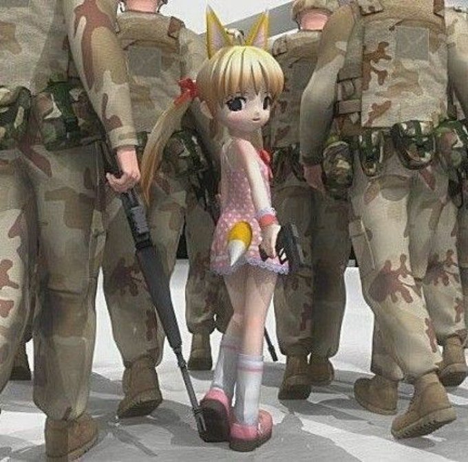 Fennec fox anime girl figure looking back at you and she's surrounded by Armenian soldiers with guns