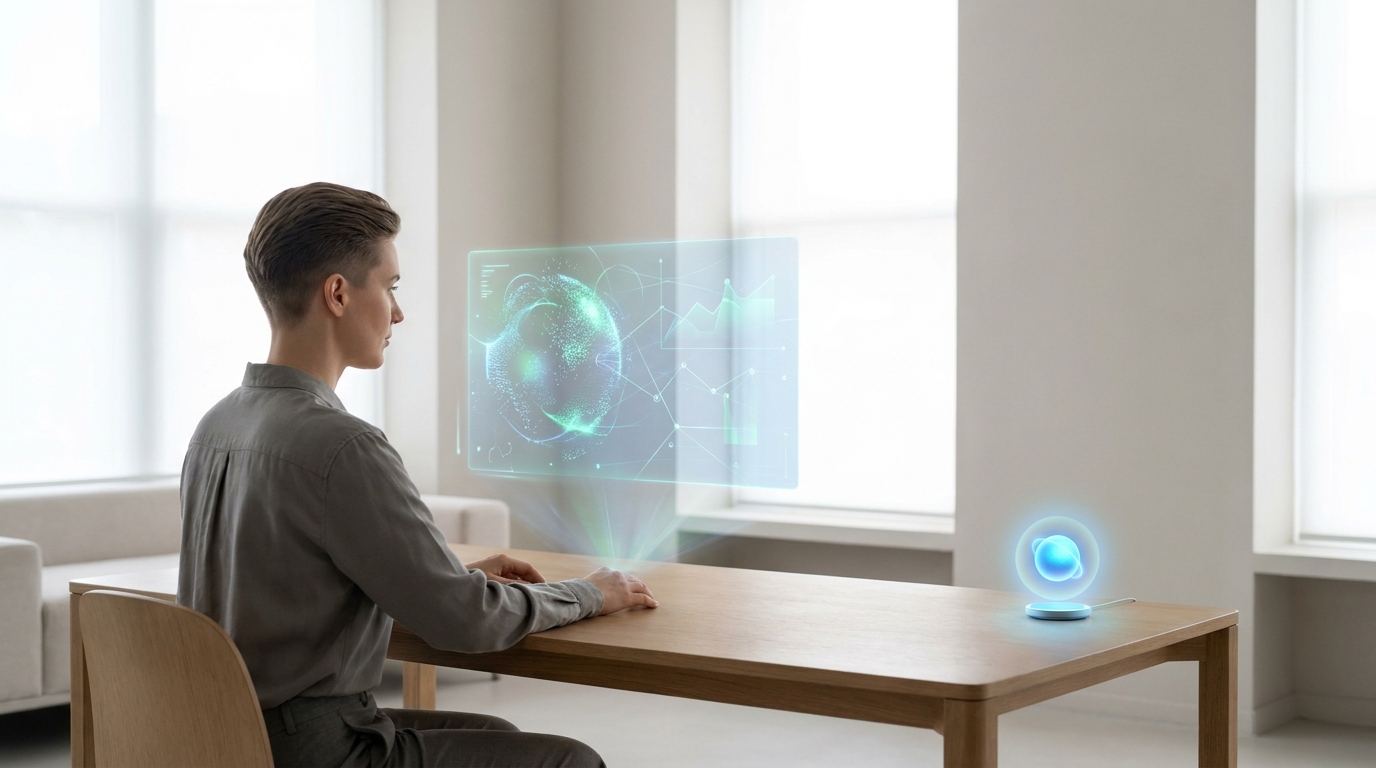 Person interacting with a holographic display showing Claude Opus 4.8's multimodal capabilities, analyzing images and text.
