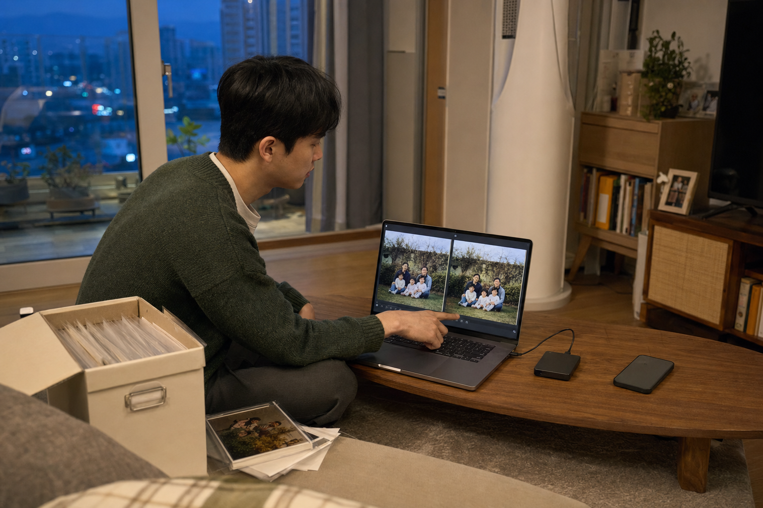 300dpi와 600dpi 시험본을 비교하고 원본과 백업 파일을 보관하는 가족
