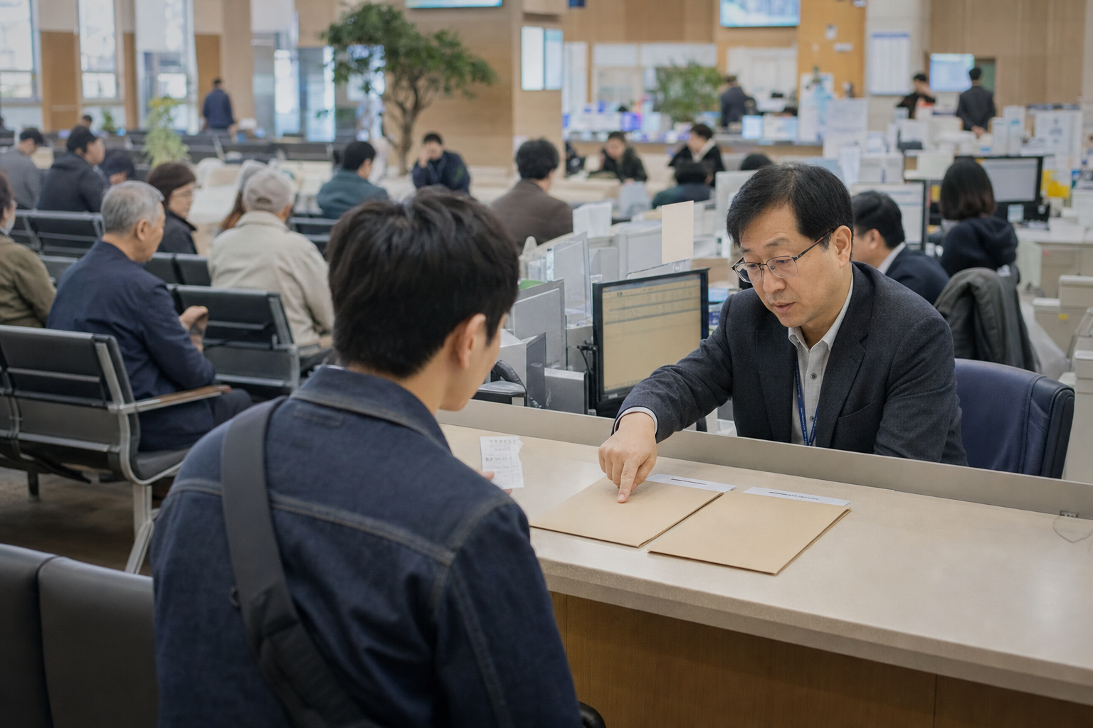 지방자치단체 창구에서 본인과 배우자의 무주택 확인 절차를 문의하는 장면