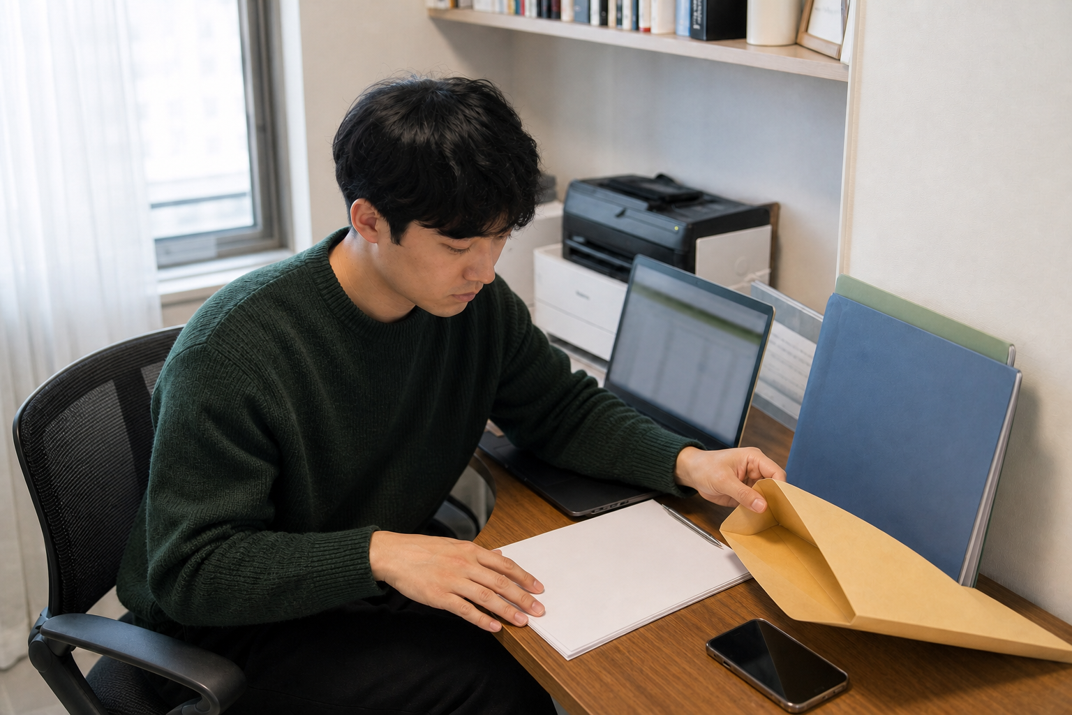 출력한 확인서와 회사 제출 요청 내용을 마지막으로 대조하는 모습