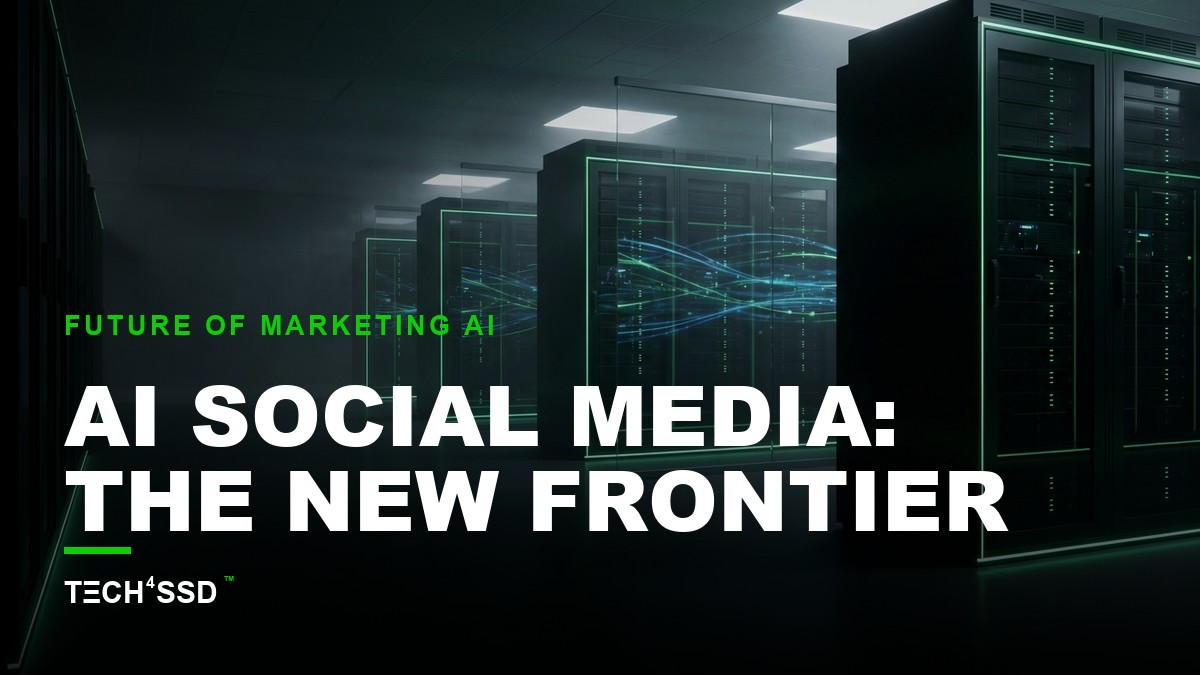 Futuristic digital dashboard displaying interconnected AI social media automation tools and data streams, with subtle neon-green lighting.