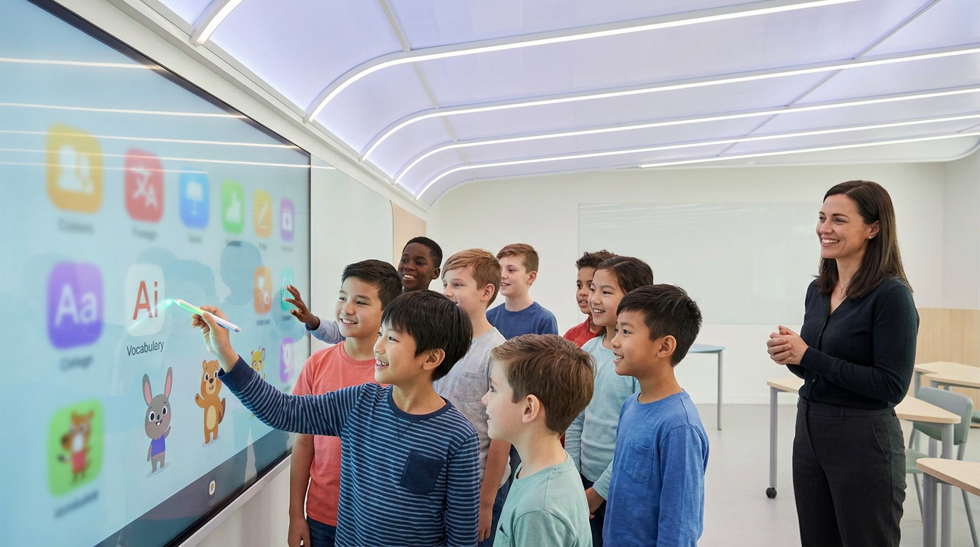 Students using AI tools for teachers for interactive language learning exercises.