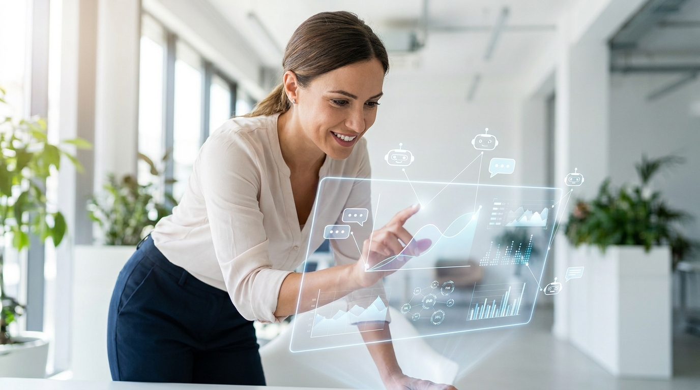 Digital marketer analyzing AI agent sales data on a holographic display, representing new opportunities in agentic commerce.