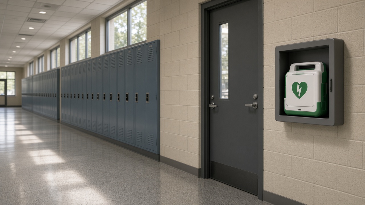 Een wit-groene AED in een gang van een middelbare school met kluisjes