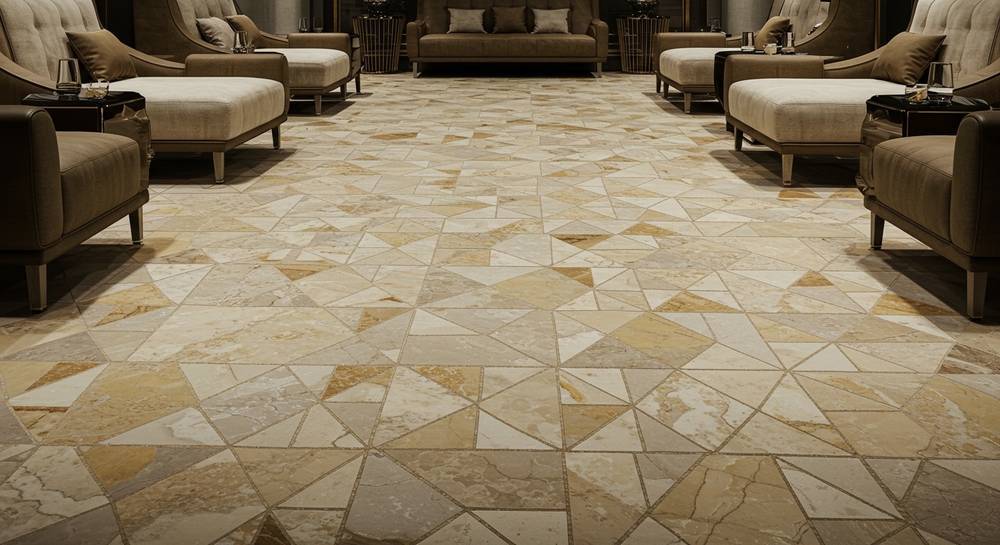 Grand luxury spa lounge featuring a stunning Art Deco geometric mosaic floor in warm gold and cream tones, creating an inviting, opulent ambiance.