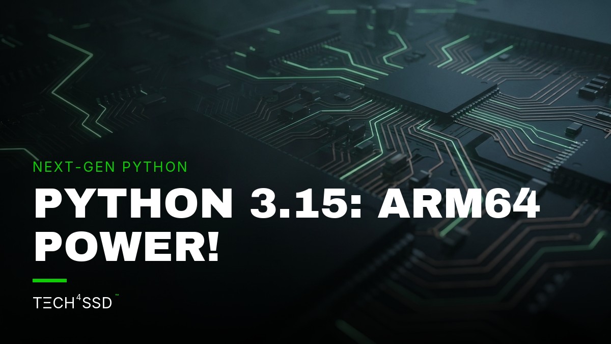 Stylized Python logo integrated with ARM architecture symbols, overlaid on a futuristic circuit board design with subtle glowing lines, representing Python 3.15 native ARM64 on Windows.