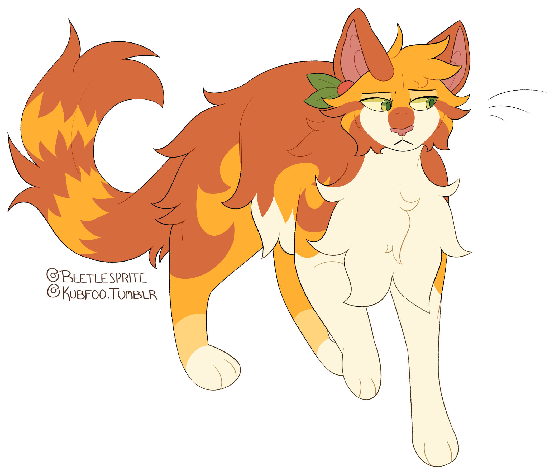 A drawing of Coralsong, an bright yellow cat with bright orange simplified, swirled tabby markings, a cream underbelly, and green eyes. She wears a hawthorn berry behind her ear with the leaves poking out. She is standing and facing the viewer, with her tail waving. She looks troubled.