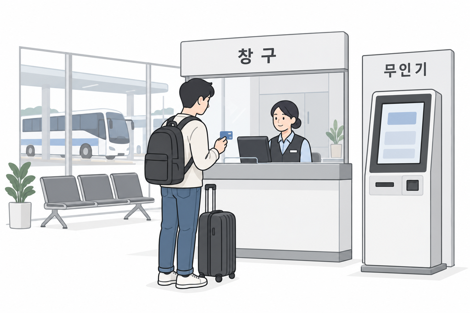 미발권 승차권의 최초 종이표 발권 전에 터미널 조건을 확인하는 설명 장면