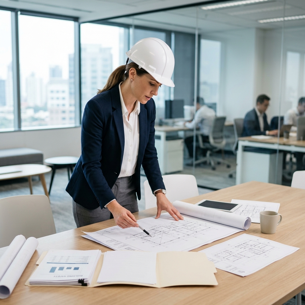 Ingeniero revisando planos y requisitos para ITSE y licencias de funcionamiento