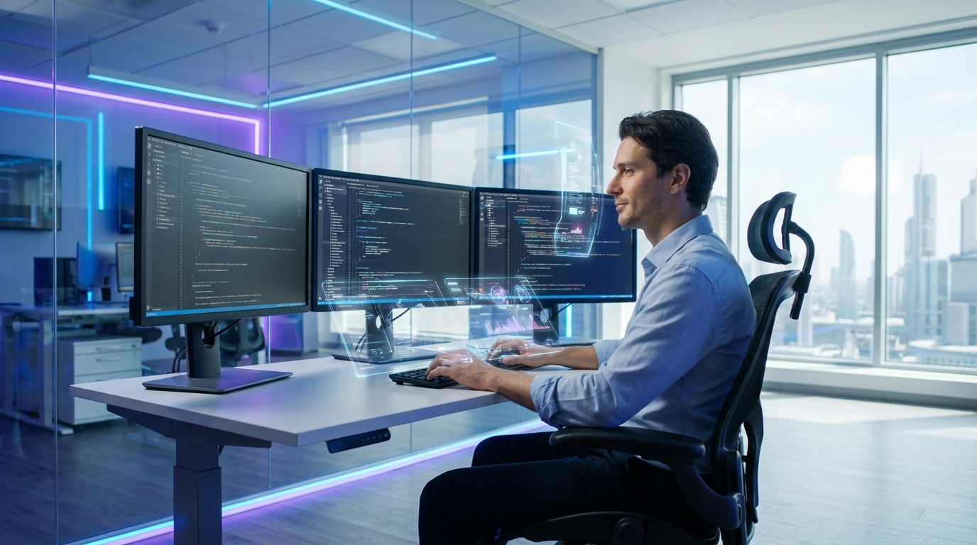 A calm developer using an AI productivity stack to manage complex coding and development tasks, featuring holographic interfaces.