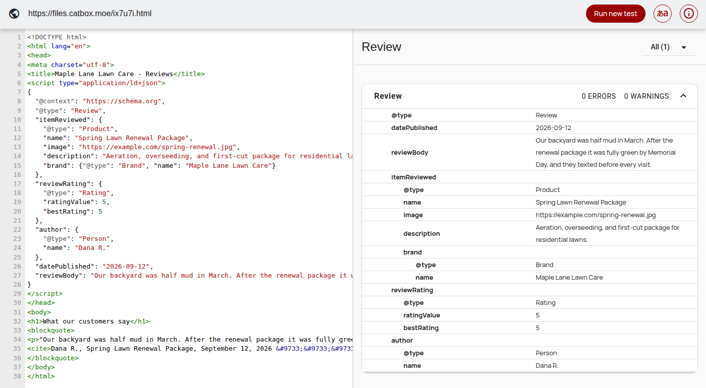 Schema.org validator showing a Review detected with 0 errors and 0 warnings