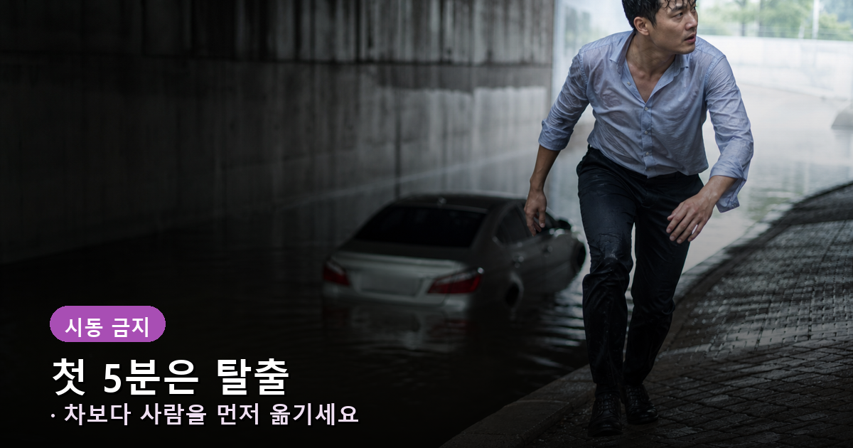 침수된 도로의 차량을 두고 높은 곳으로 대피하는 한국인 운전자