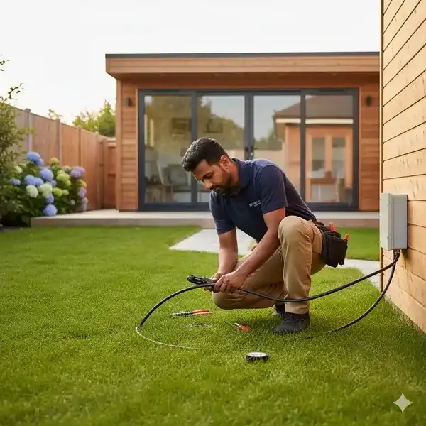 Floodlight camera with motion sensor activation illuminating a dark garden area at night