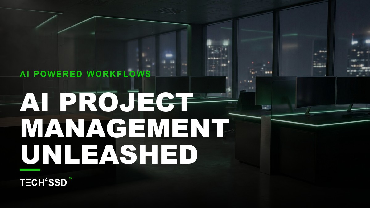 Futuristic project dashboard with holographic interfaces displaying tasks, timelines, and resource allocation, featuring AI Project Management Tools.