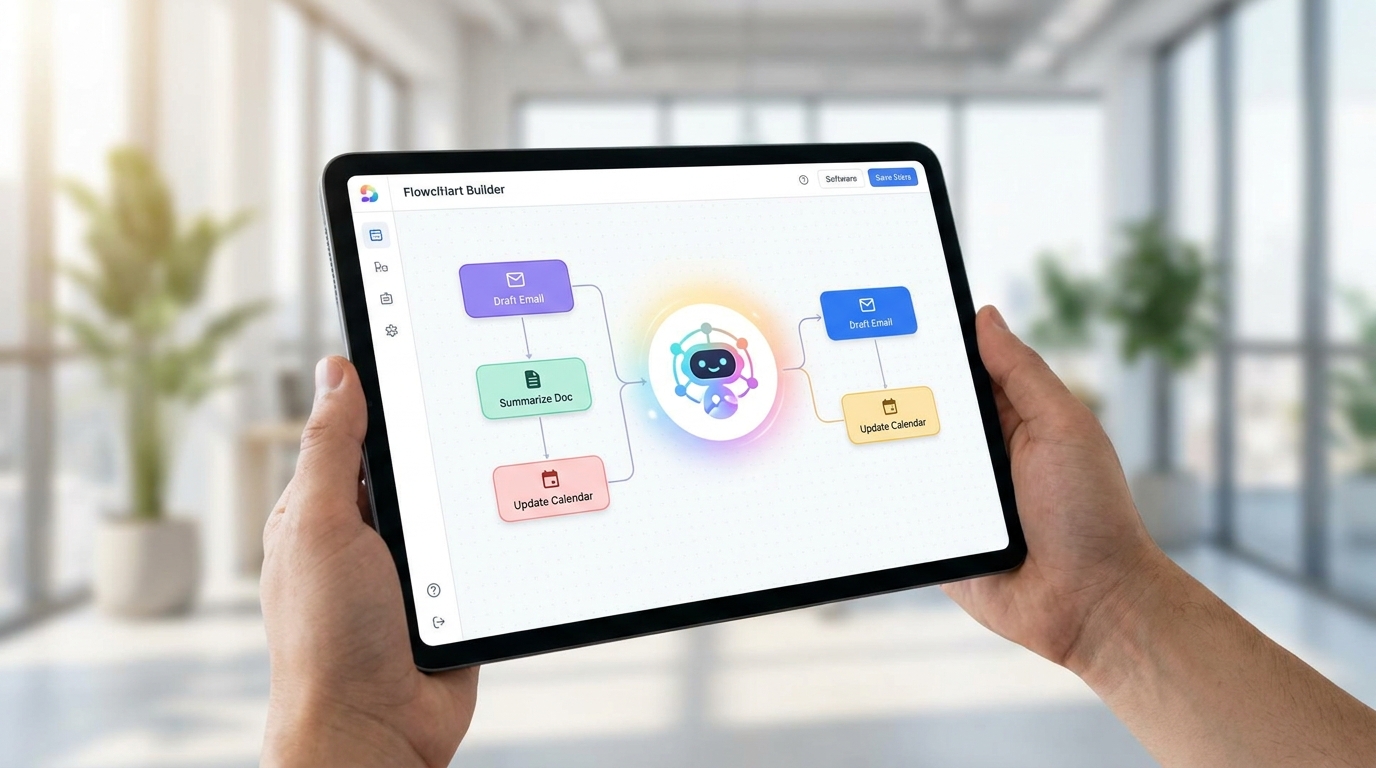 Screenshot of Google Workspace Studio's no-code interface for building AI agents, showing visual workflow blocks for email drafting and document summarization.