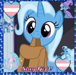 A picmix gif of Trixie Lulamoon from My Little Pony: Friendship Is Magic surrounded by trans pride iconography.