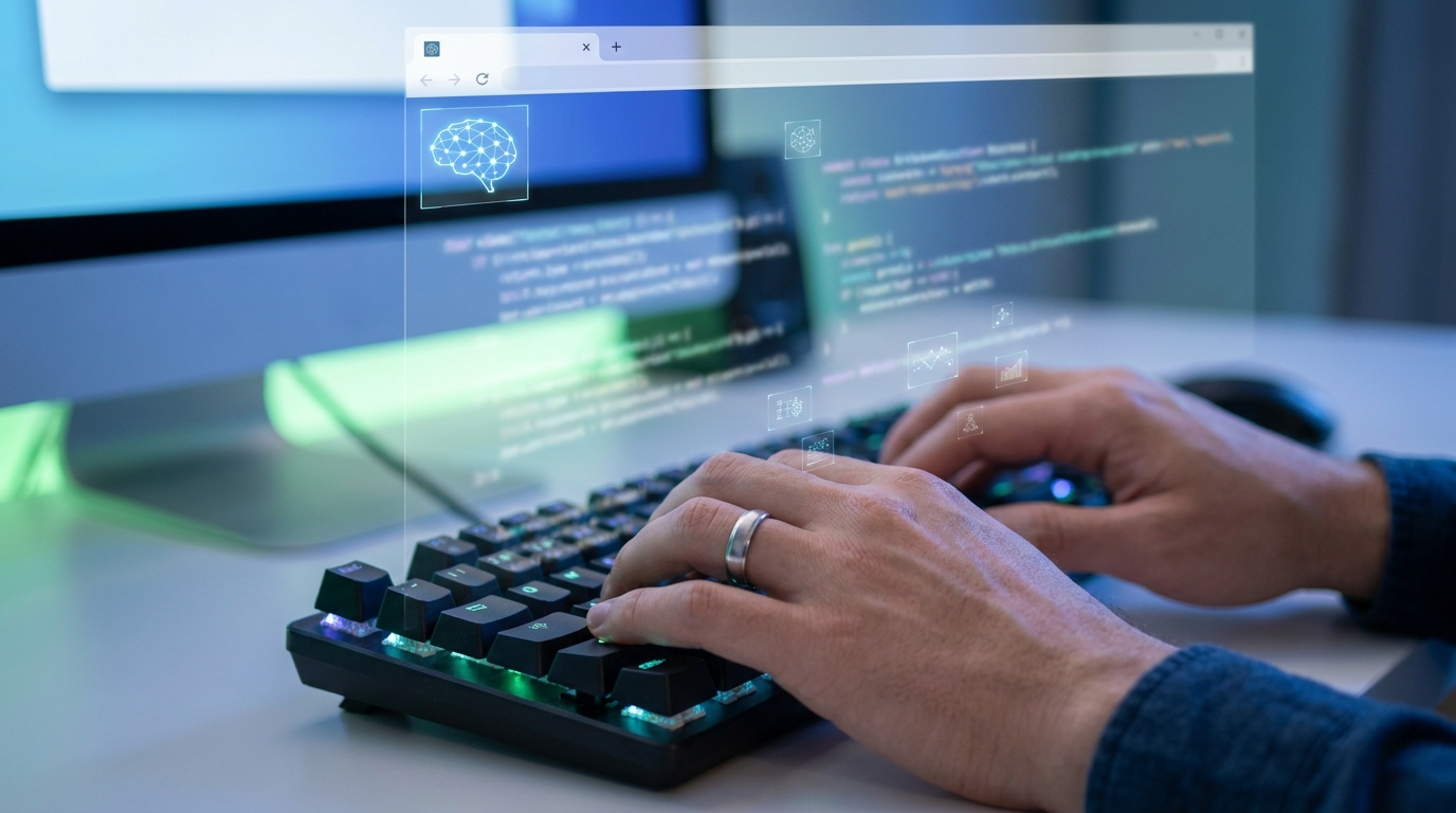 Developer using Microsoft Edge DevTools to integrate AI with a small language model (SLM) via the Prompt API.