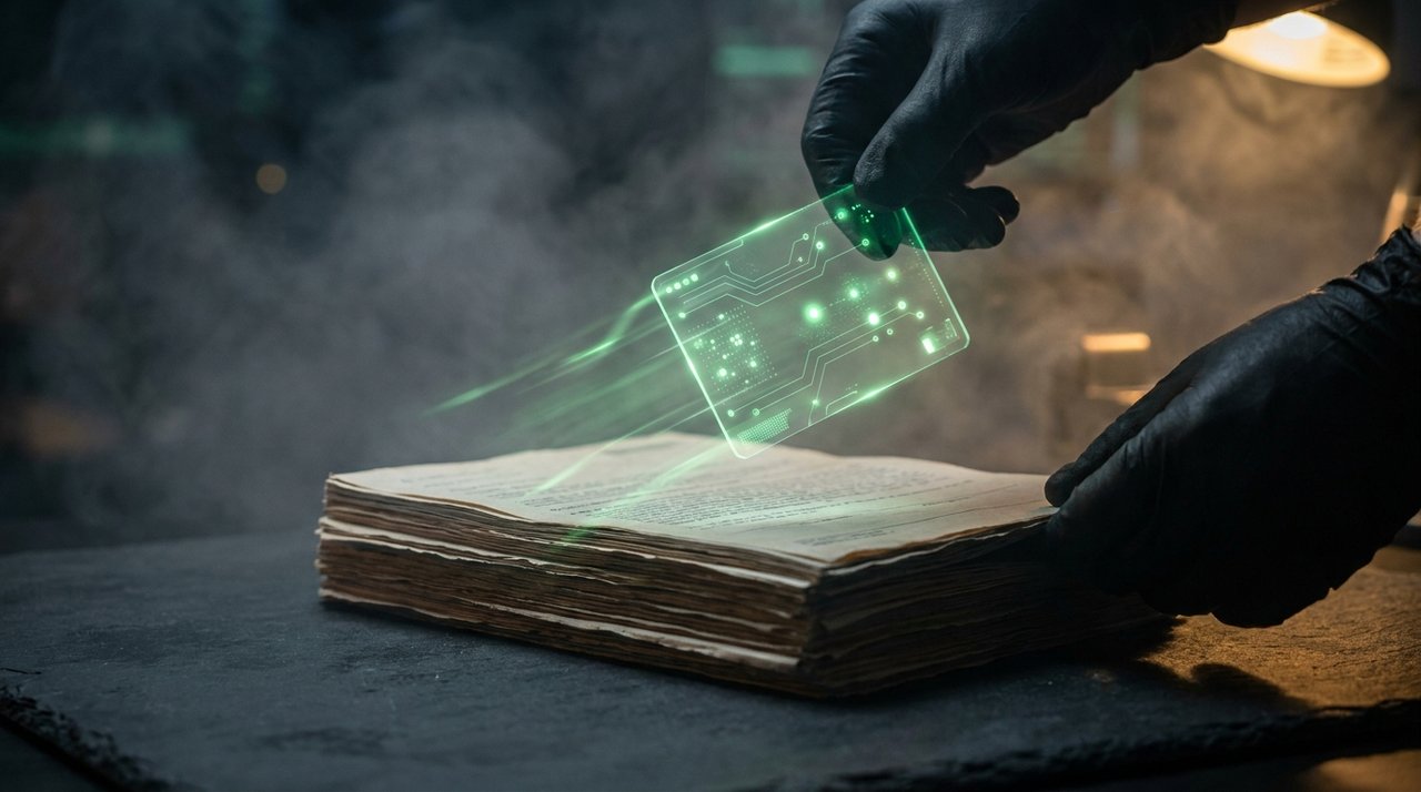Futuristic AI search interface showing content being cited by an answer engine, cyber-green accents