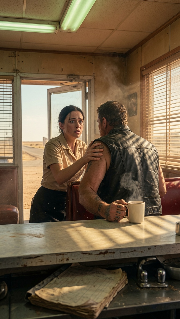 When a Waitress Asked a Stranger at Booth Seven to Pretend He Was Her Son — The Ledger Beneath the Coffee Station Exposed a Network Larger Than One Roadside Diner