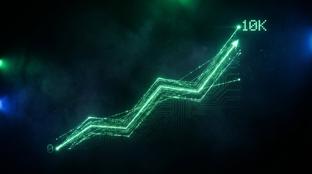 A glowing green revenue chart climbing from zero toward a 10K milestone