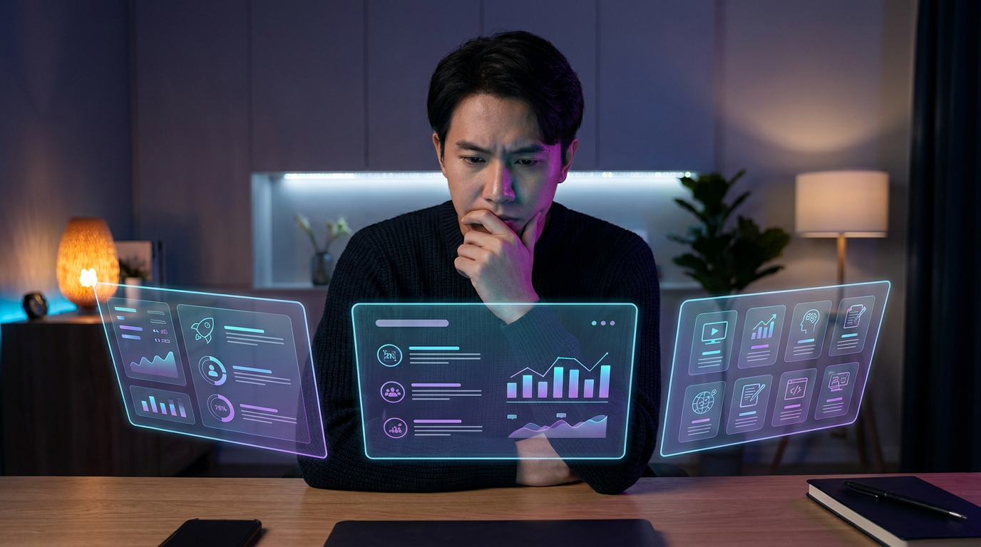 Marketer evaluating different AI marketing tool interfaces on holographic screens, focusing on features and integration.