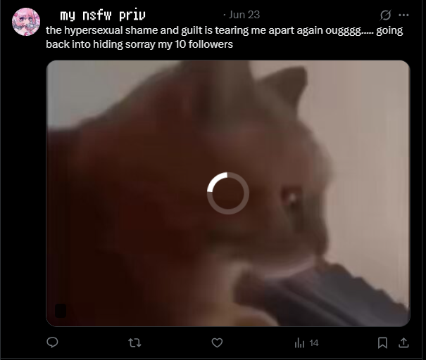 the tweet i made about the hypersexual shame and guilt that mel triggered within me the night before. i left the twitter account and stopped talking about anything sexual for multiple days after this due to a deep shame spiral and sexual repulsion that was caused by her