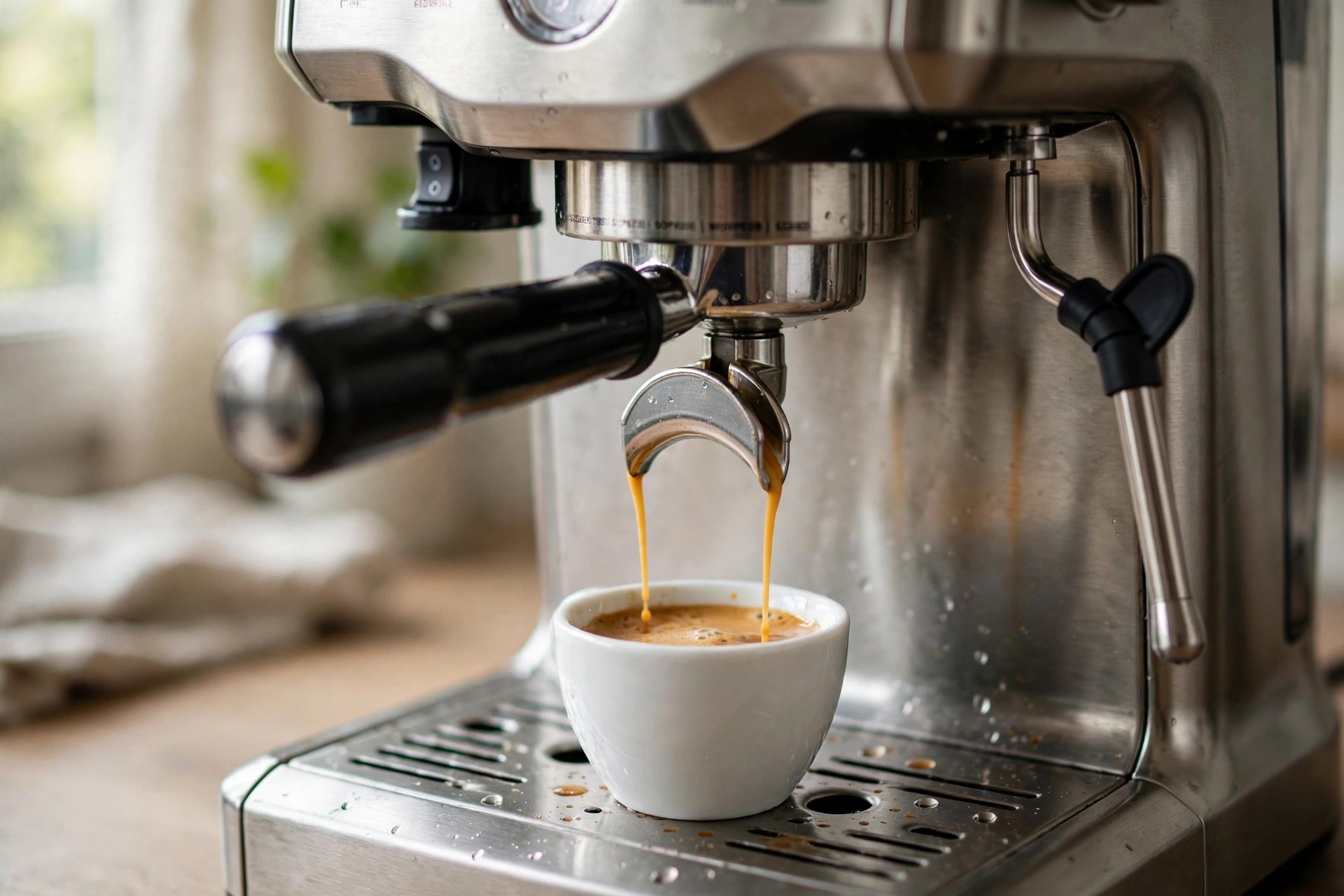 Espresso extracting from a Breville Barista Express portafilter into a cup