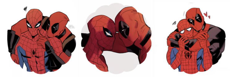 3 spideypool drawings in ruffled borders by melonnabar on tumblr