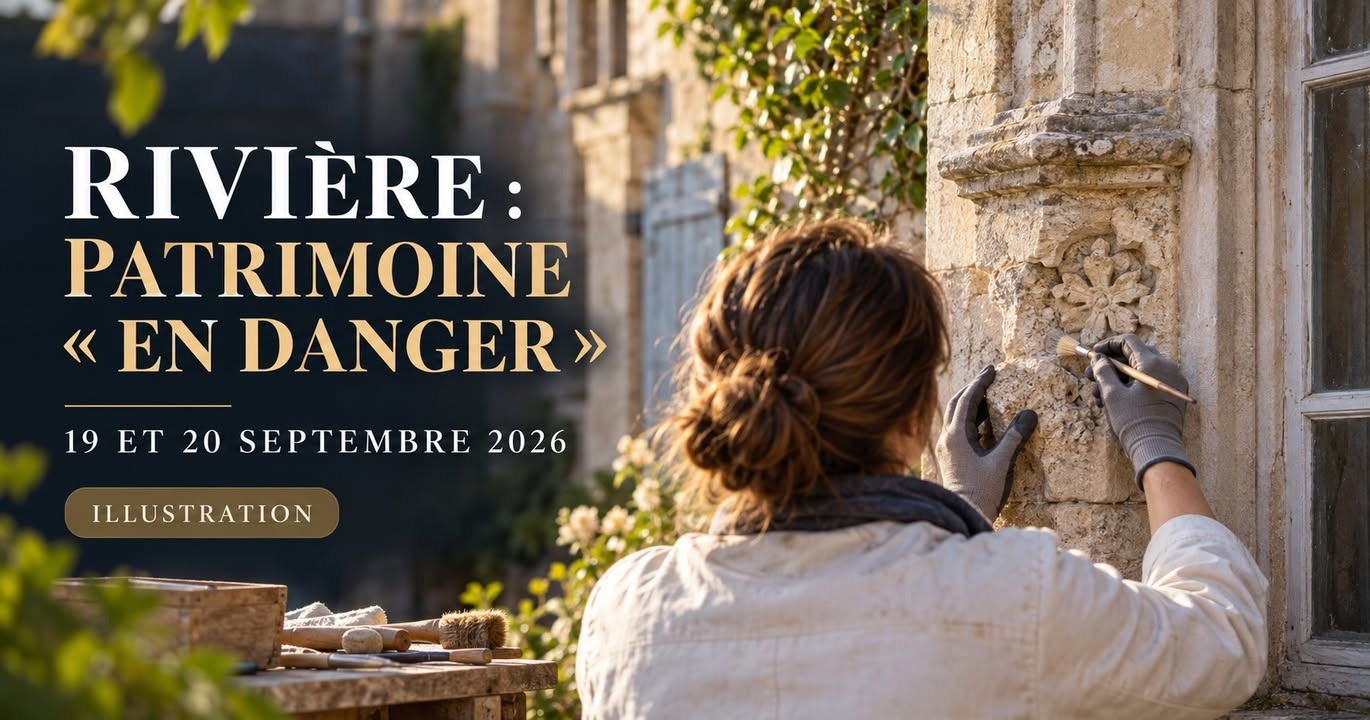 Une femme de dos, portant des gants, nettoie une pierre sculptée d'un bâtiment ancien avec un pinceau.