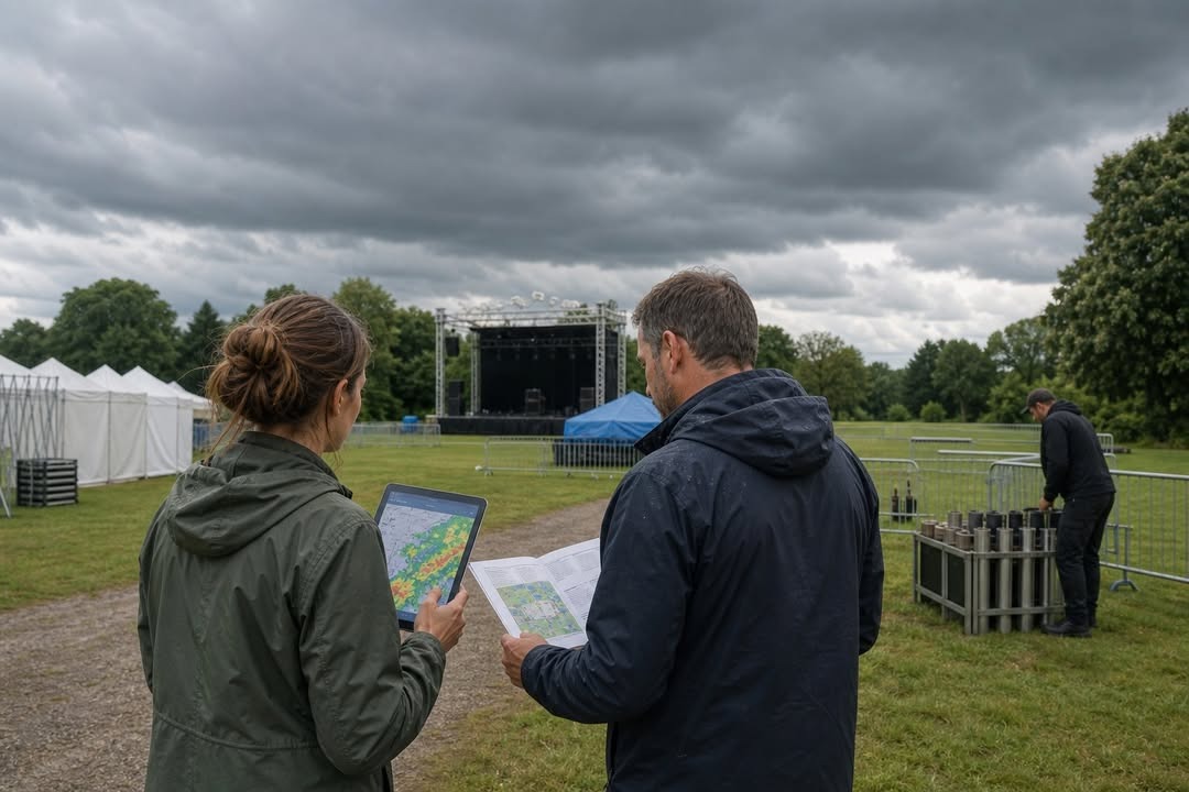 Deux personnes regardent une tablette et une carte sous un ciel nuageux, devant une scène et des tentes sur une pelouse.