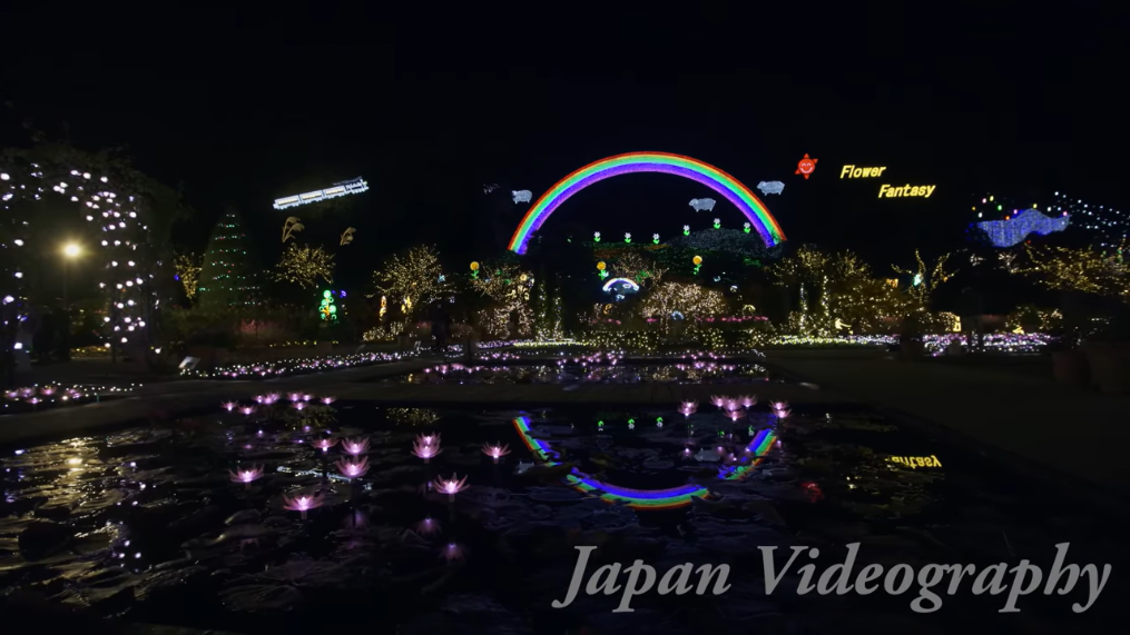 Night scene at Ashikaga Flower Park, with illuminated lotuses floating on a pond and a bright rainbow light standing out from the backdrop