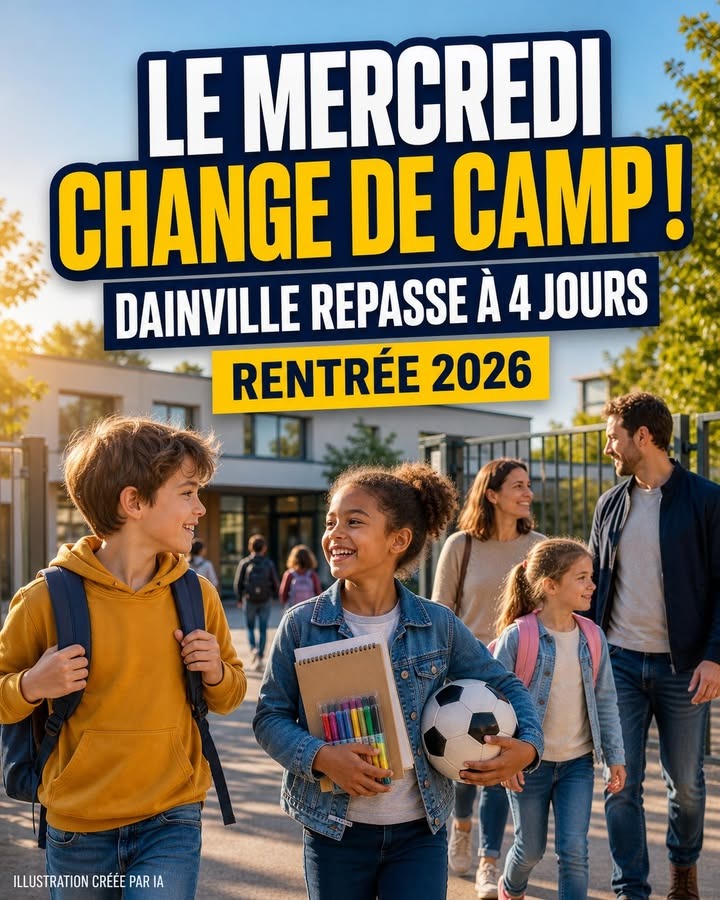 Enfants souriants avec sacs à dos, cahiers et ballon de foot, accompagnés d'adultes, devant un bâtiment scolaire.