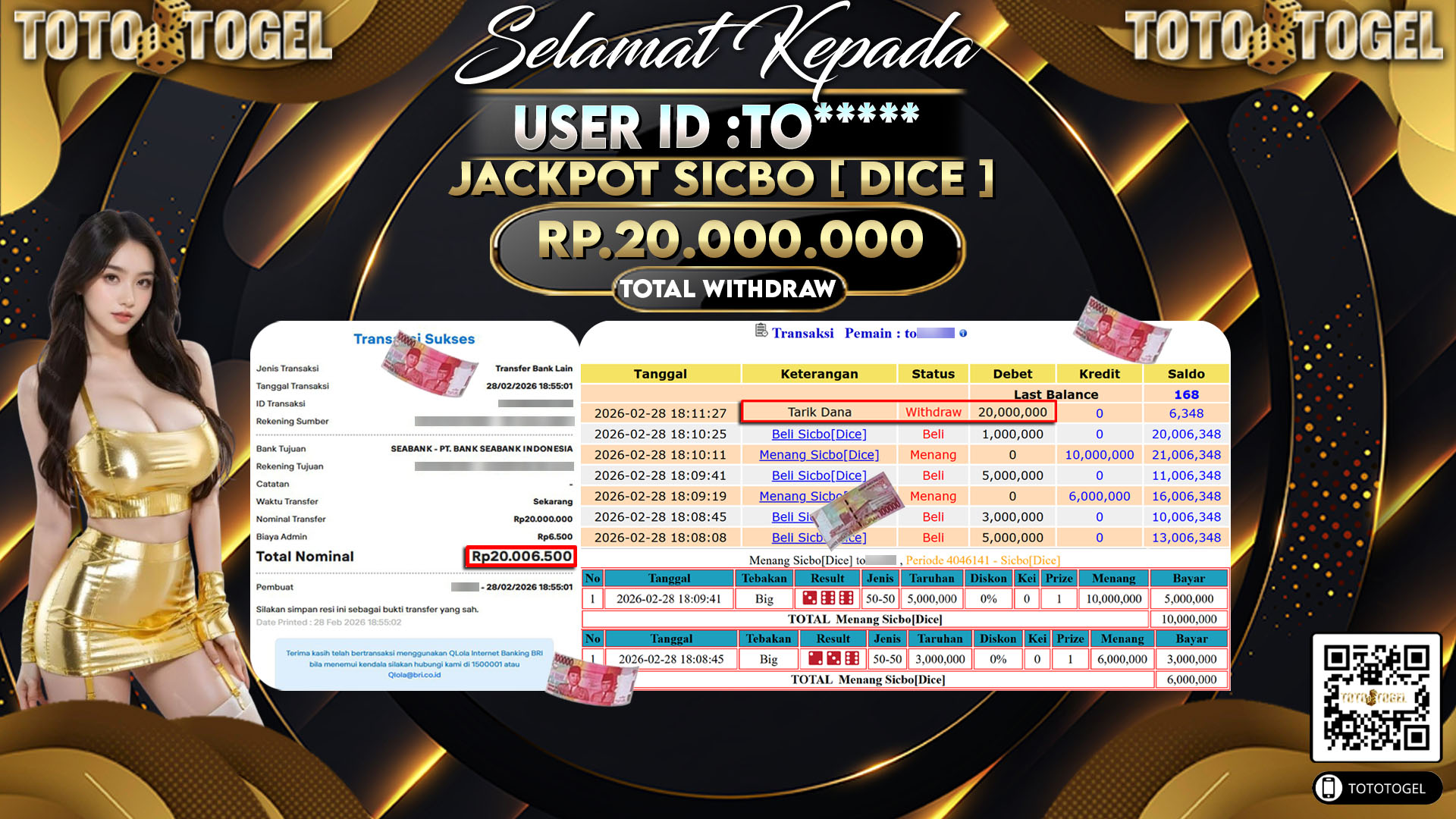 Bukti Pembayaran Jackpot Permainan Live Game Sicbo [ Dice ] ID:TO*****LUNAS