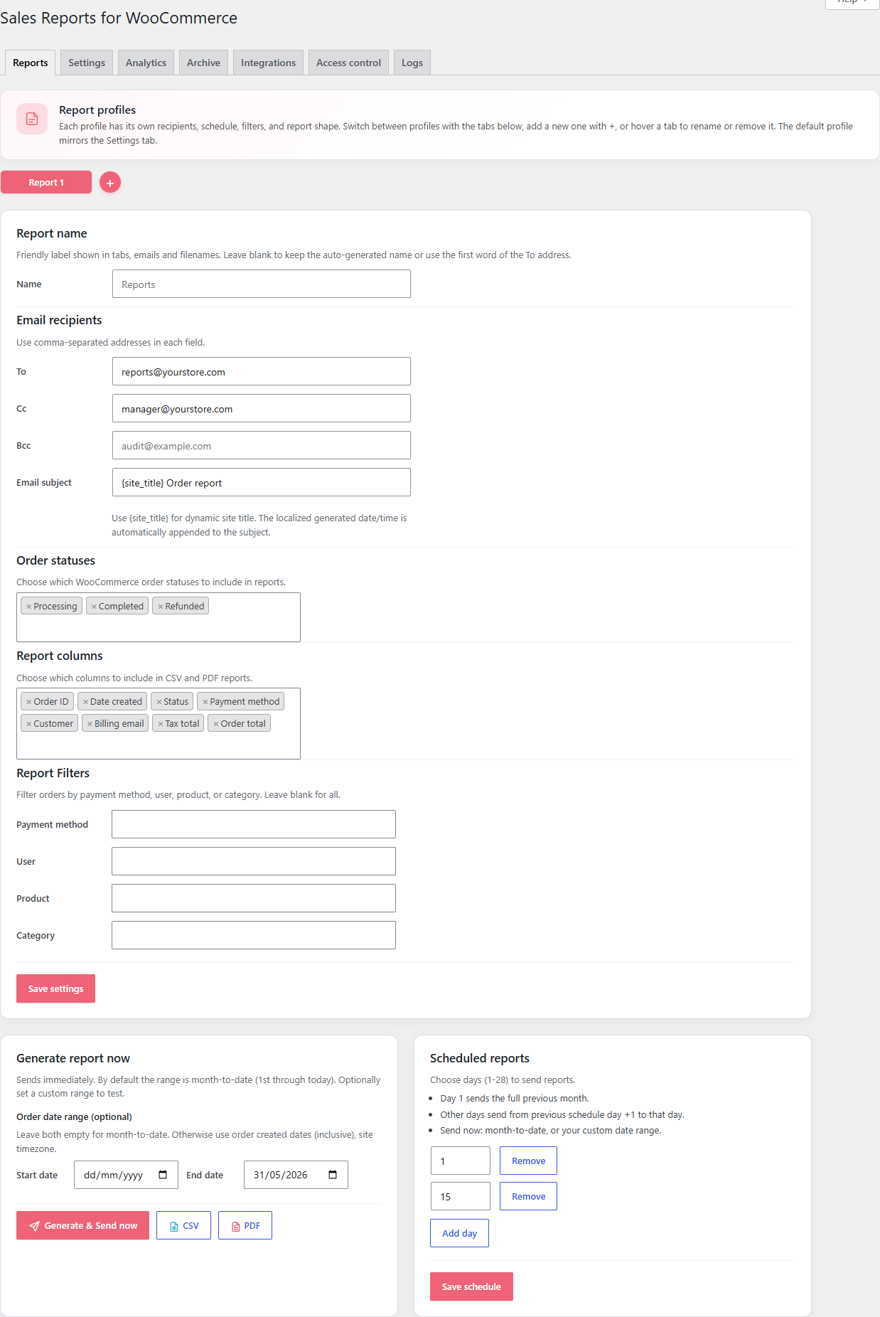 Sales Reports — Reports tab, Default report selected