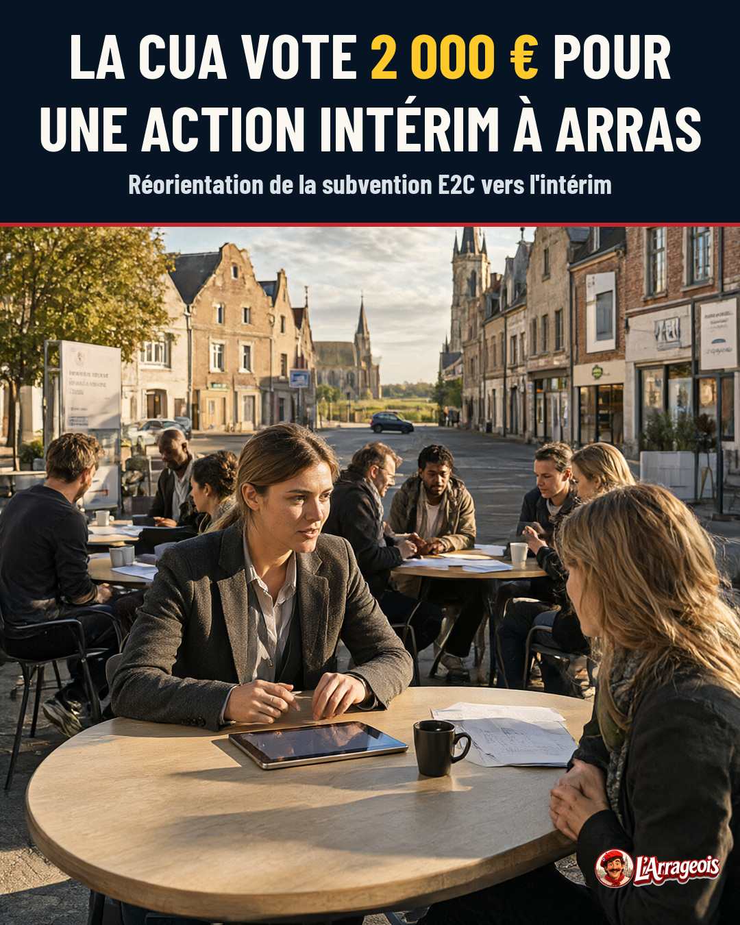 Des personnes en costume se réunissent autour de tables en extérieur, avec des documents et un ordinateur portable, devant des bâtiments historiques.