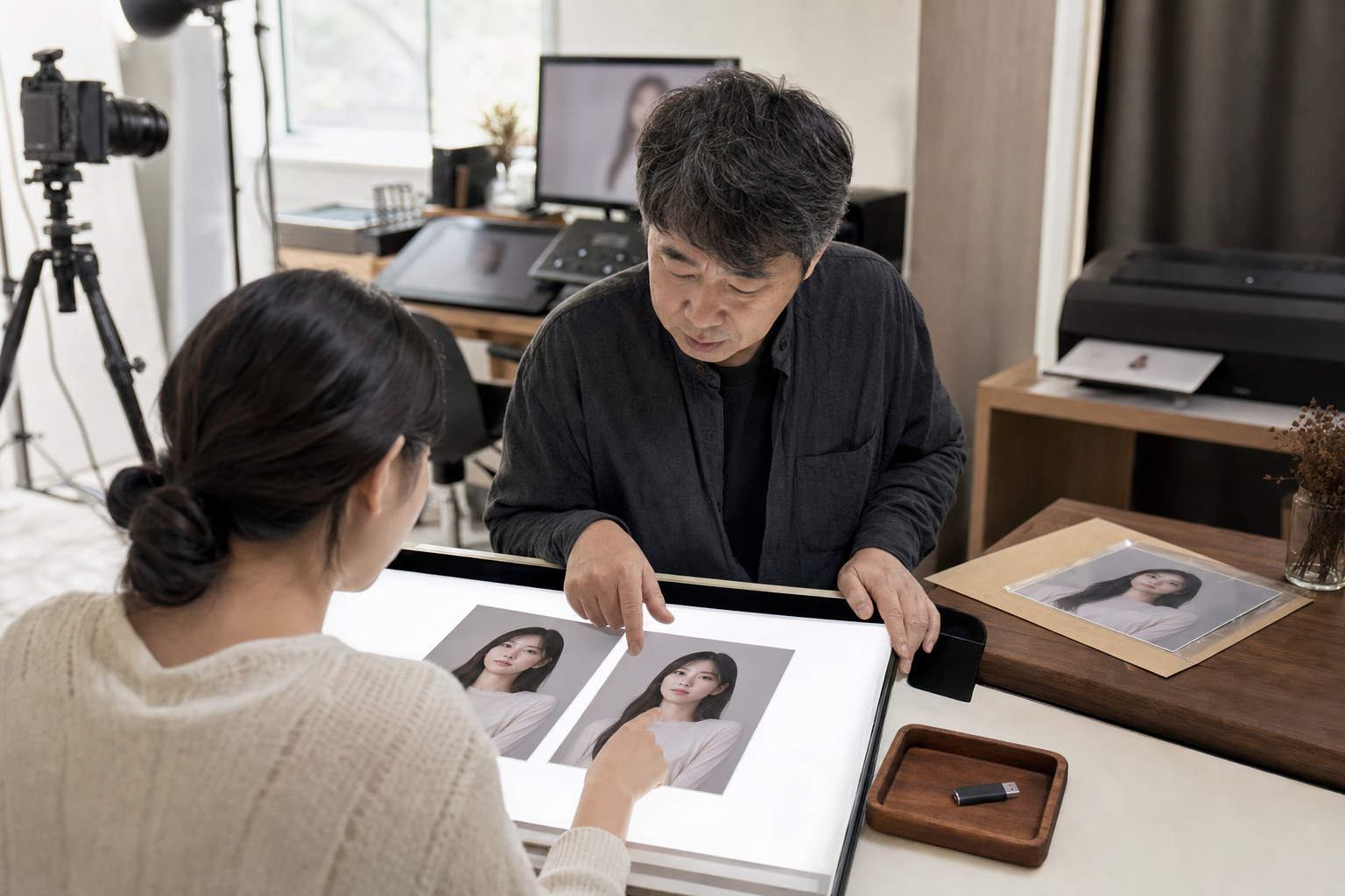 증명사진 견적을 촬영·보정·파일·인화·추가 작업으로 나눈 비교 장면
