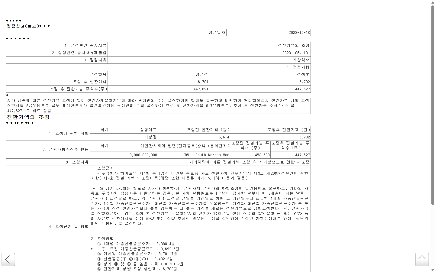 전환가액 원 미만 절상 오류와 주식수 수정을 밝힌 하이로닉 정정공시