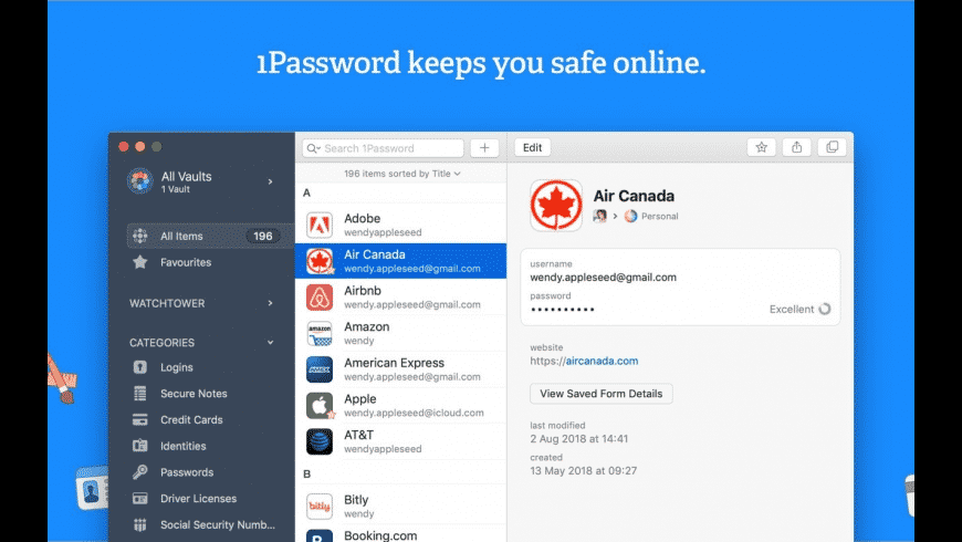 1Password Mac — encrypted vault showing saved logins, identities and credit cards