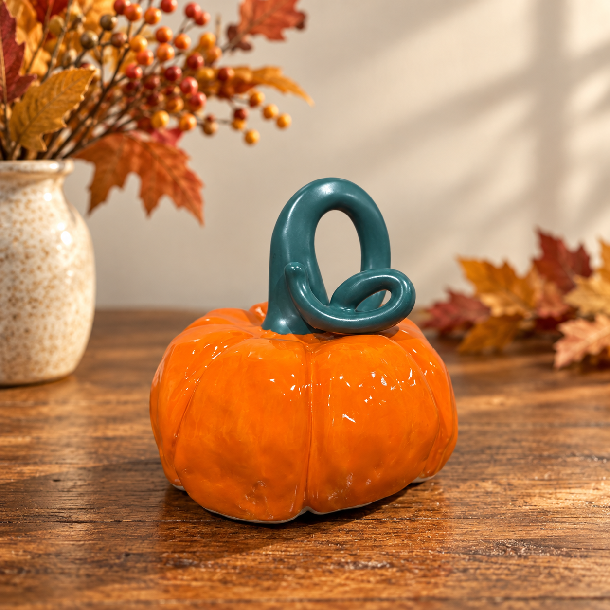 Hand-built one-of-a-kind pumpkin in a warm orange glaze.