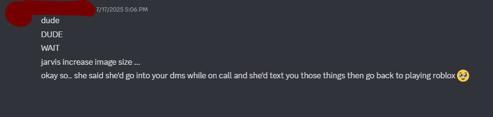 chem's explanation of the above images, stating that while they were in vc together, mel stated that she would dm me those things and then immediately go back to playing roblox, which she did. indicating that this all could have been avoided if she didn't go into my dms with those things