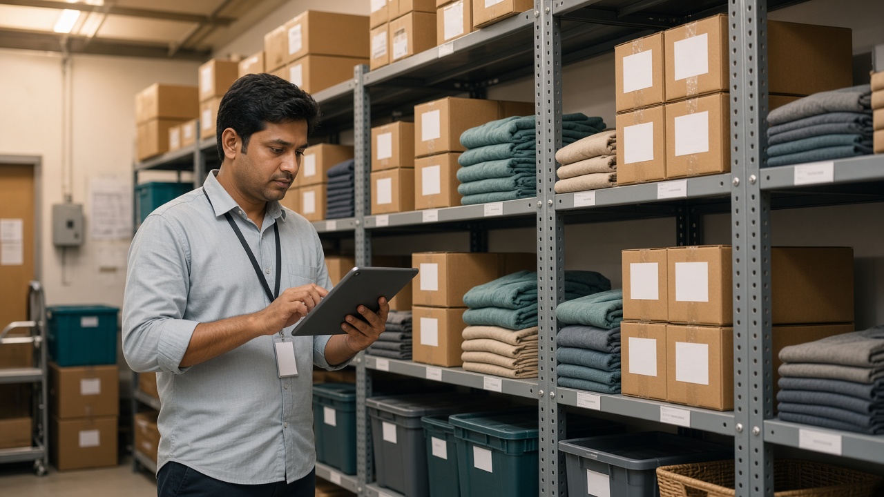 Retail stockroom shelves checked against tablet inventory